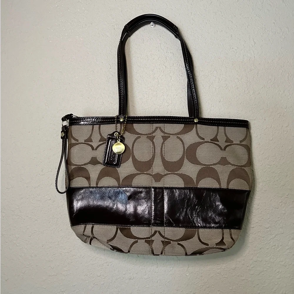 Coach Signature Canvas & Leather Brown Tote Handbag - Picture 2 of 13